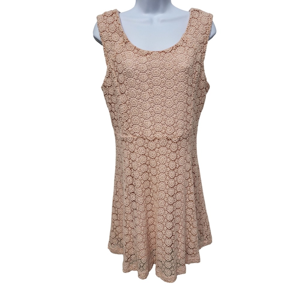 Womens Blush Pink Floral Crochet Lace Sleeveless Fit and Flare Mini Dress Mini